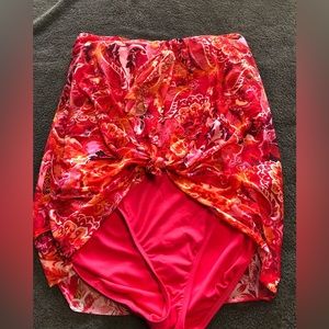 Ralph Lauren bright pink floral one piece swimsuit with removable neck strap.